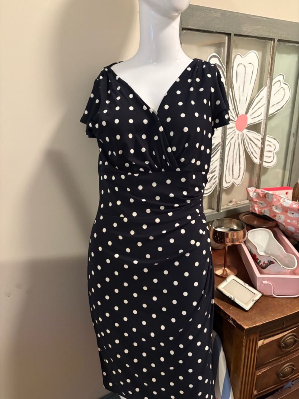 Ralph Lauren Navy and White Polka Dot Midi Dress